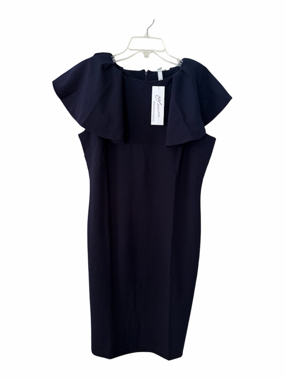 NY Collection Elegant Navy Ruffle-Shoulder Sheath Dress-NWT